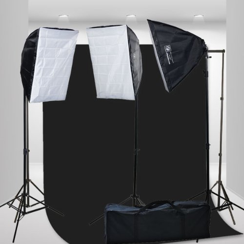 2400 Watt Video Photography Continuous Lighting 3 Softbox Light Kit with 10x12 Black Muslin Support Stand System Case H9004S3-1012B-0