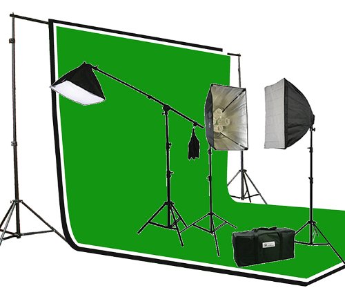 2700 Watt PHOTOGRAPHY STUDIO VIDEO CONTINUOUS LIGHTING SOFTBOX KIT 3PC 6 x 9 Muslin ChromaKey Green, Black, White Background Support Stand Kit H604SB-69BWG-0