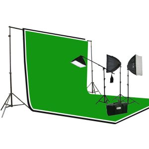 3pcs Chromakey Green, Black, White Muslin Background Backdrop Support Stand & Complete 3200 Watt Video Photography Studio Lighting Kit H604SB2-69BWG-1361